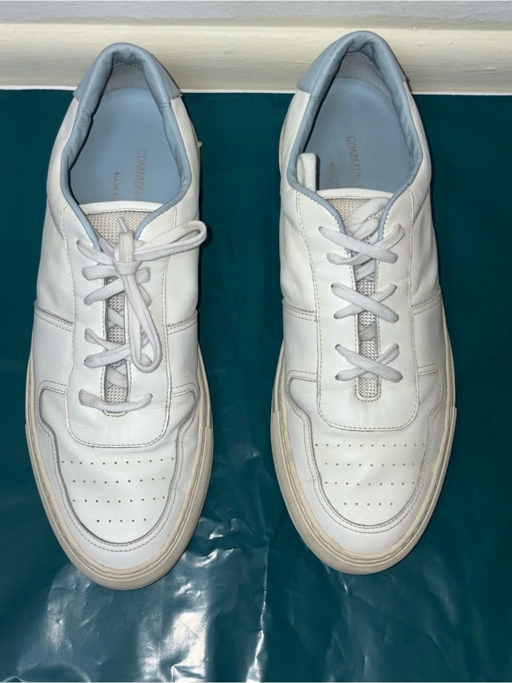 Common Projects White Sneakers with Light Blue Heel and Lining